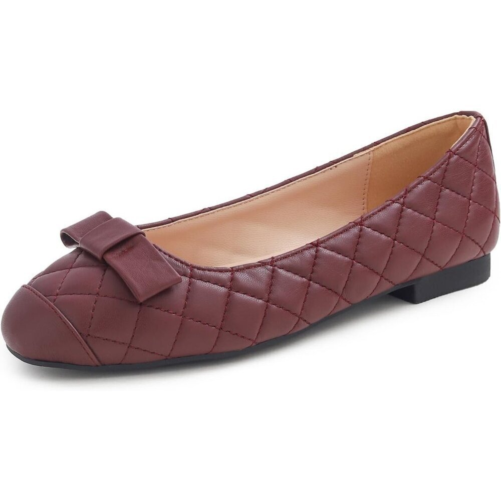 Feversole Women's Burgundy Quilted Toe Cap Synthetic Square Toe Ballet Flats
